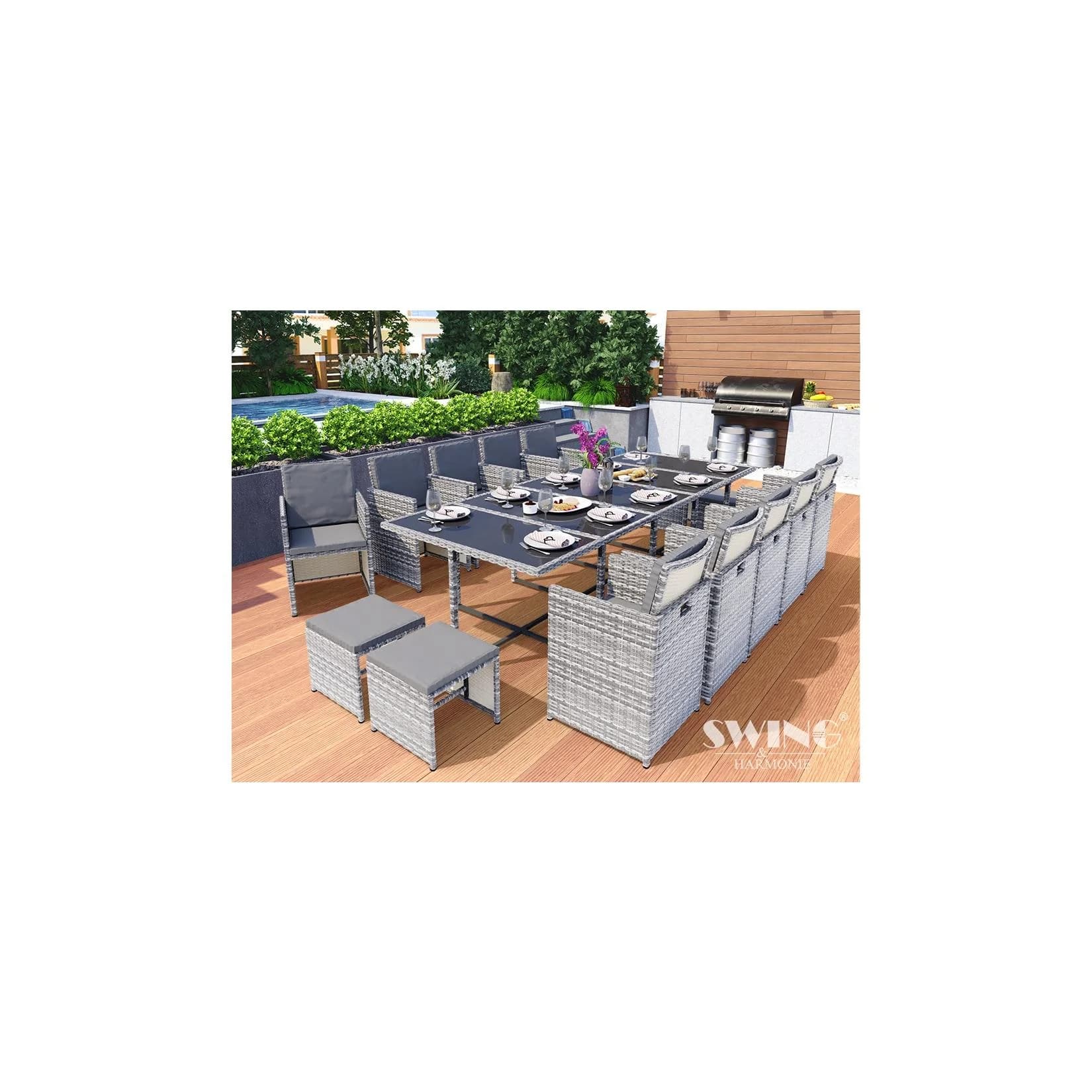 Swing&Harmonie Vegas 15-tlg. Polyrattan Sitzgruppe Grau Esstisch Lounge