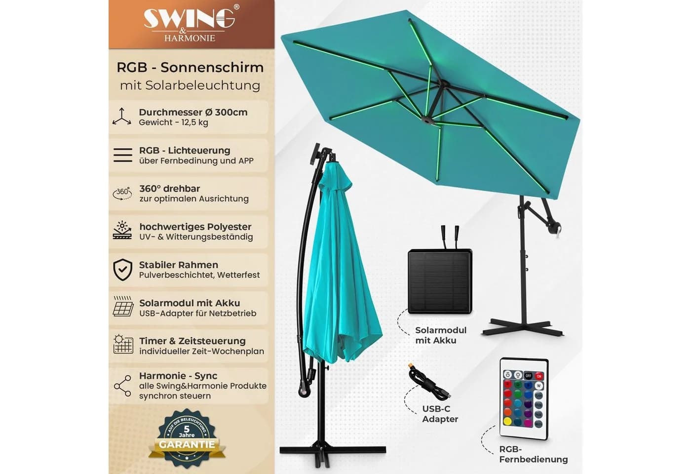 Swing&Harmonie LED Sonnenschirm 300cm RGB Anthrazit - Bild 2