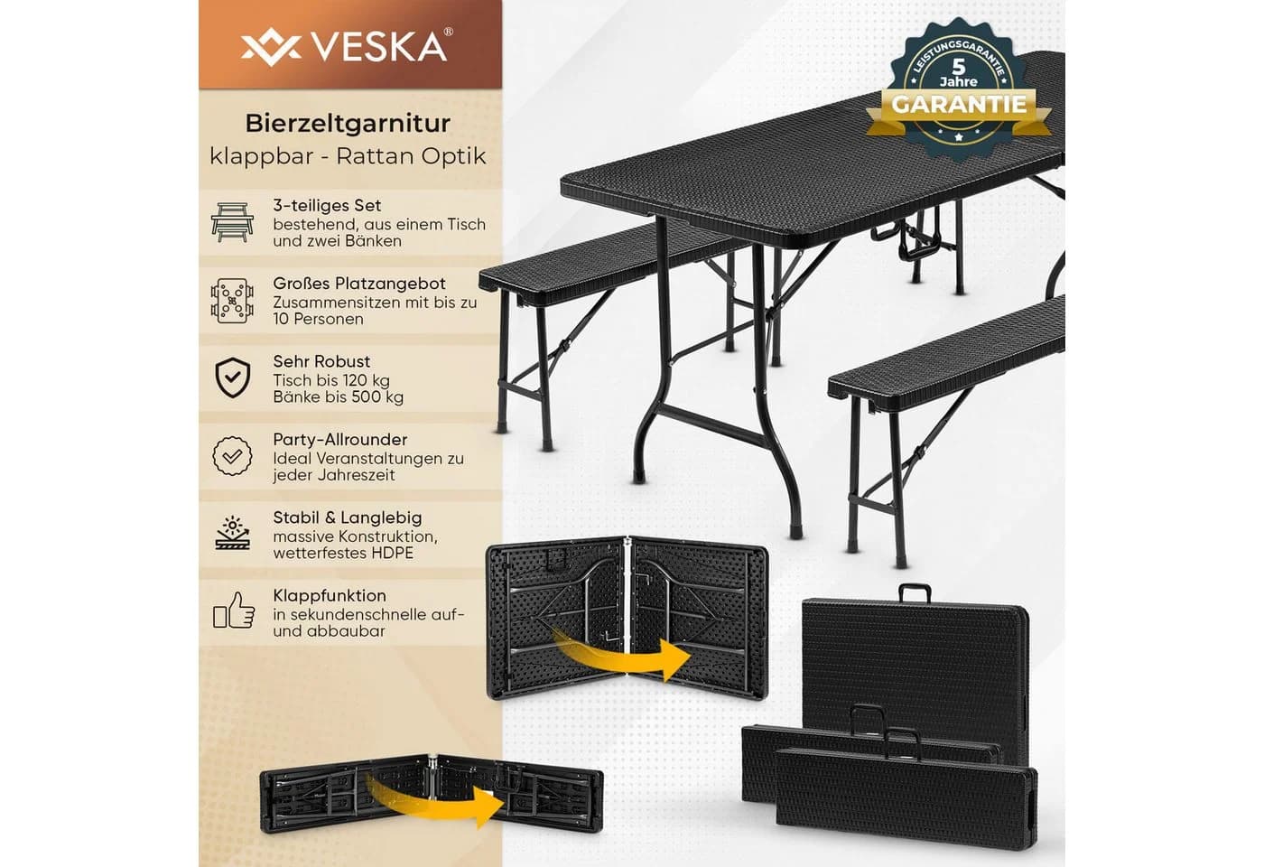 Veska Bierzeltgarnitur 3-teilig Rattan-Optik Anthrazit