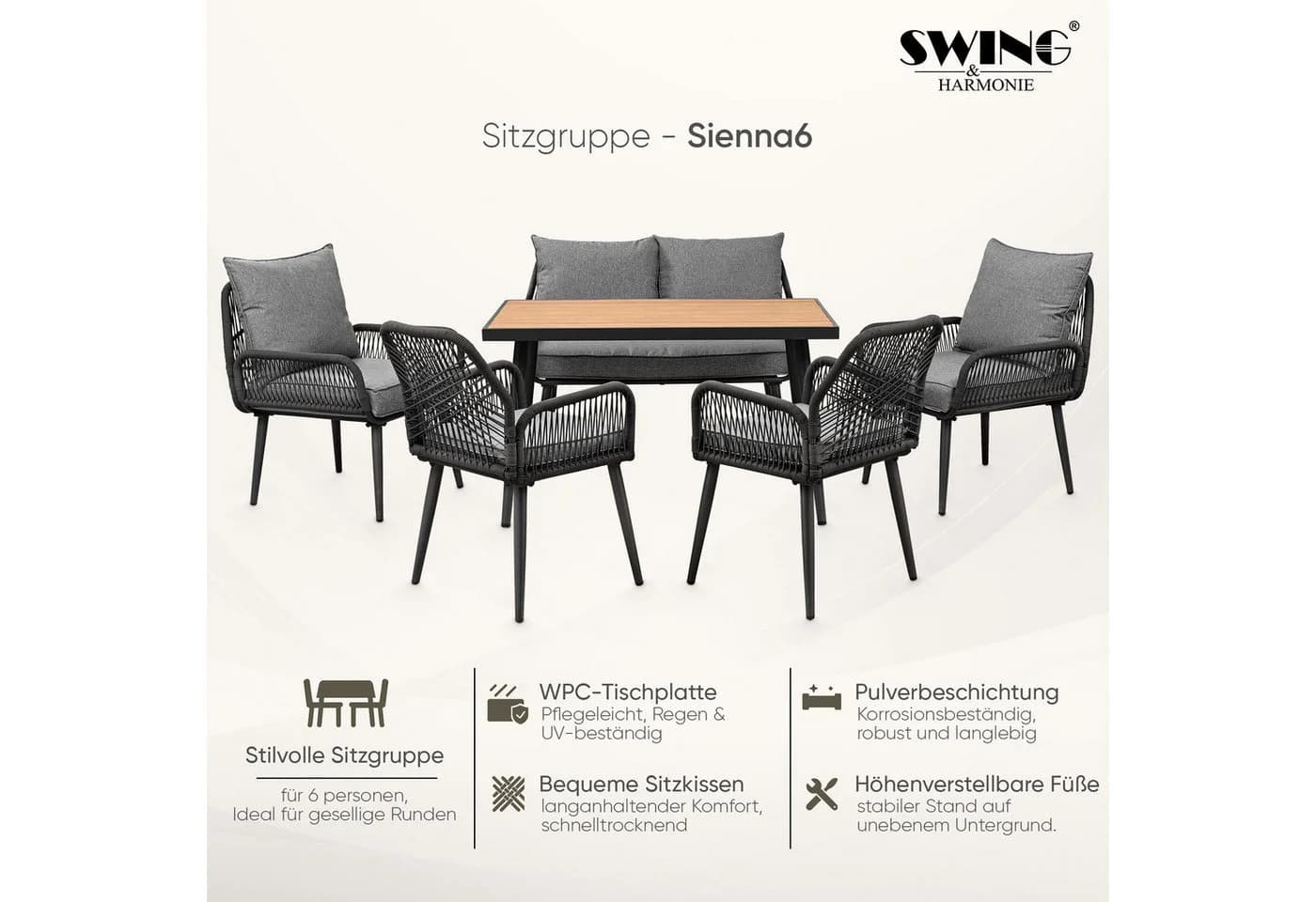 Swing&Harmonie Gartenlounge-Set 6-tlg. Grau Schwarz WPC Seilgeflecht - Bild 4