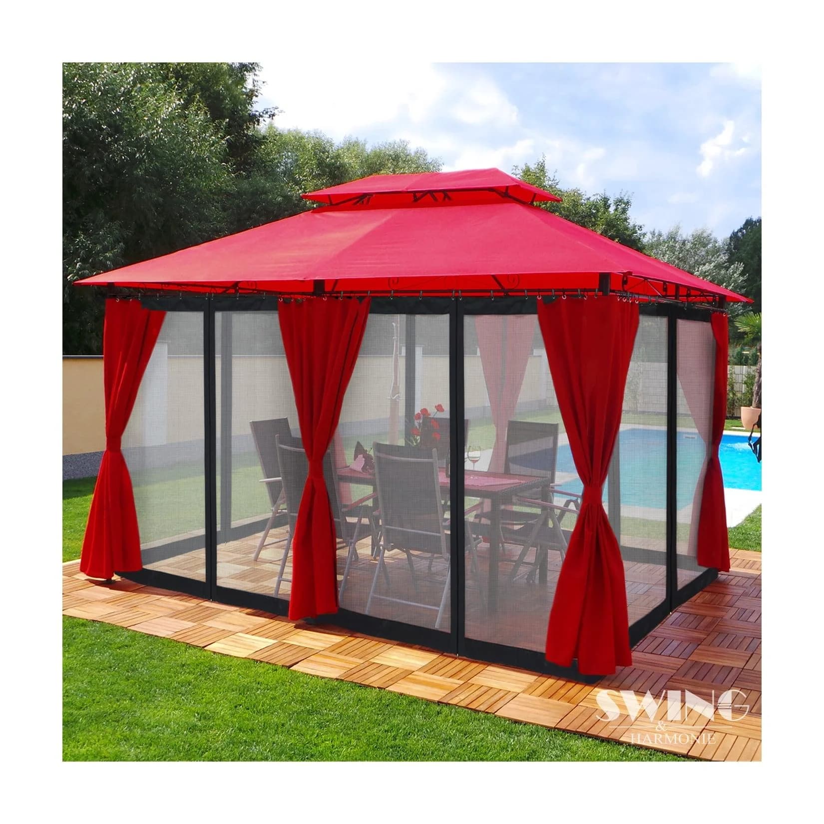 Swing&Harmonie Luxus LED Pavillon 3x4m Minzo Rot mit Seitenwänden