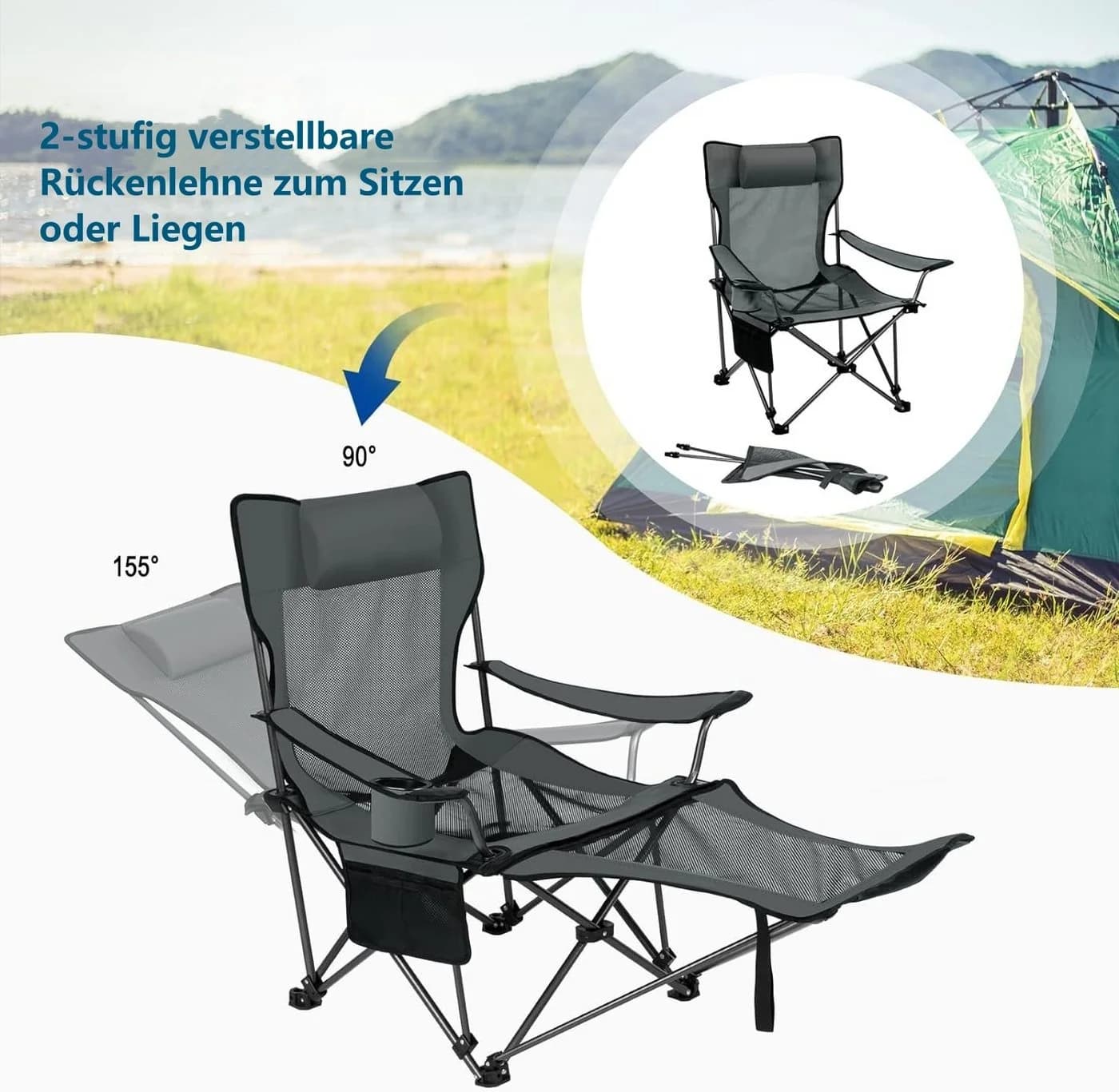 EUGAD Angelstuhl Klappstuhl Campingstuhl Grau Schwarz Blau - Bild 4