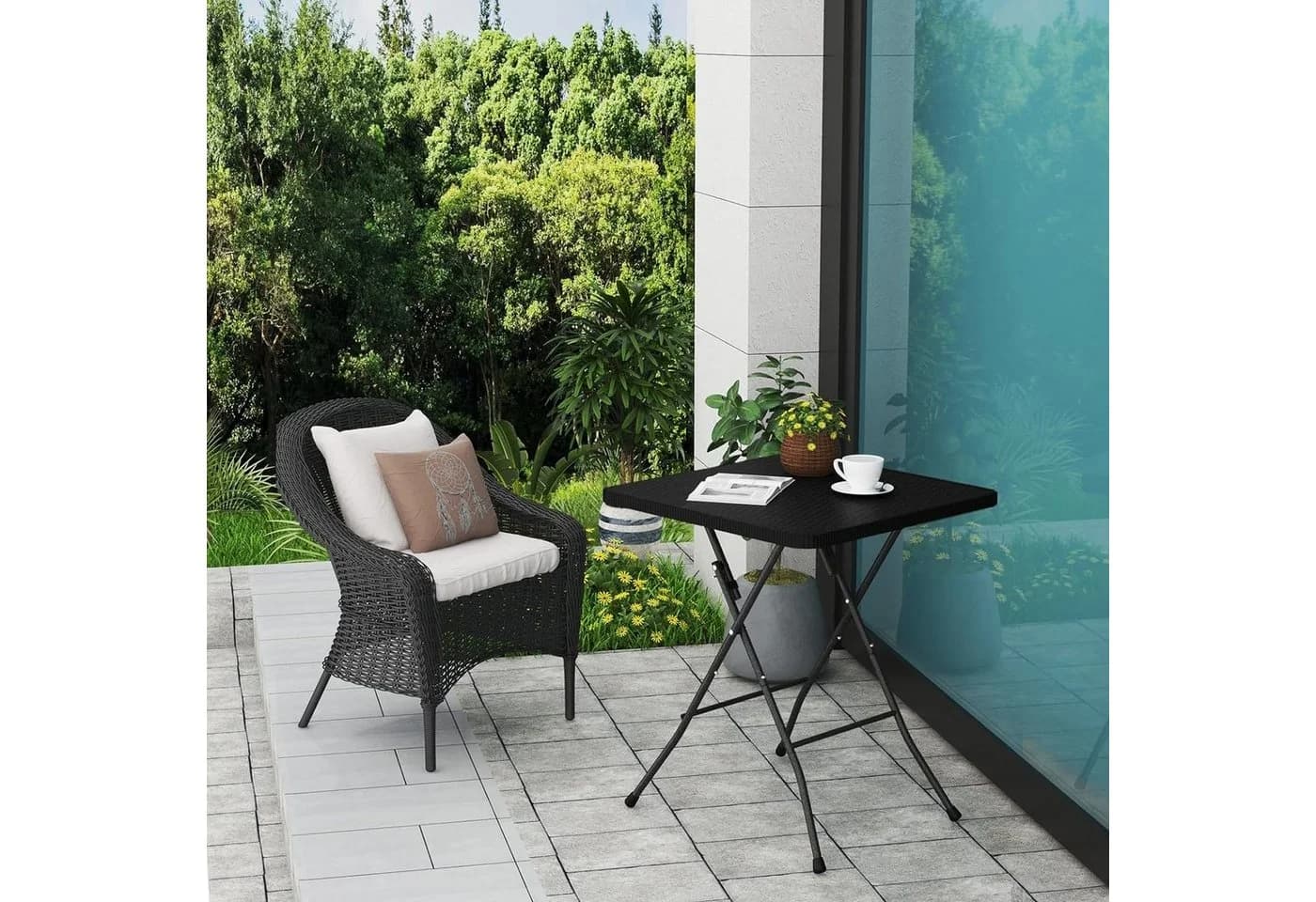 EUGAD Gartentisch Schwarz Klappbar Rattan-Optik