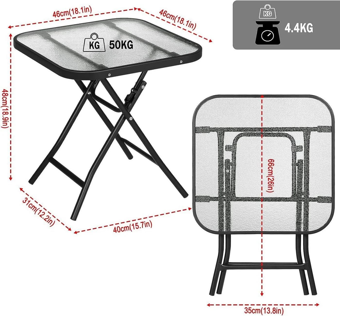 EUGAD Gartentisch (1-St) Beistelltisch klappbar aus Glas&Metall, rechteckig - Bild 3