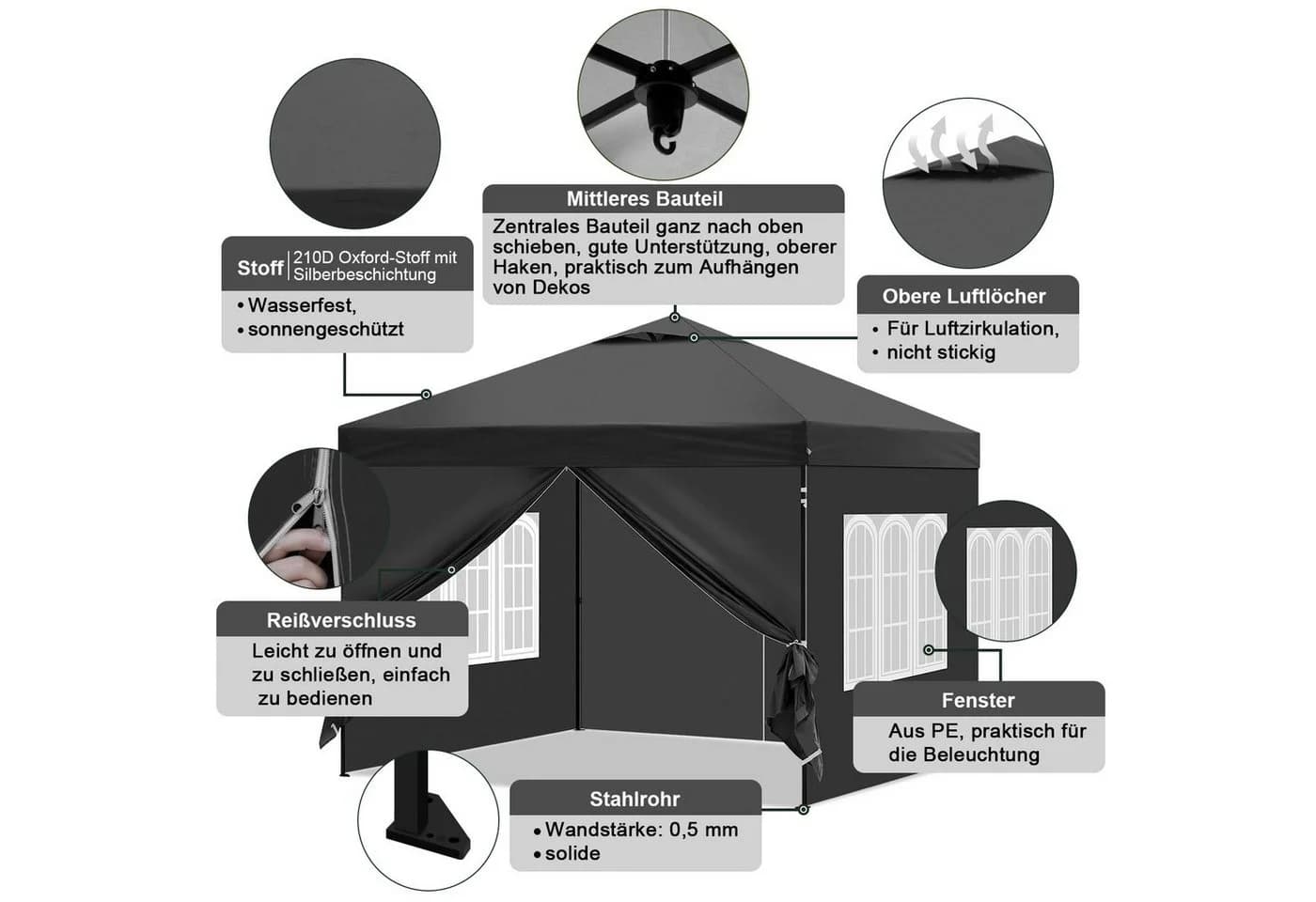 EUGAD Pavillon 3x3 m mit Seitenwänden höhenverstellbar UV-Schutz wasserfest - Bild 4
