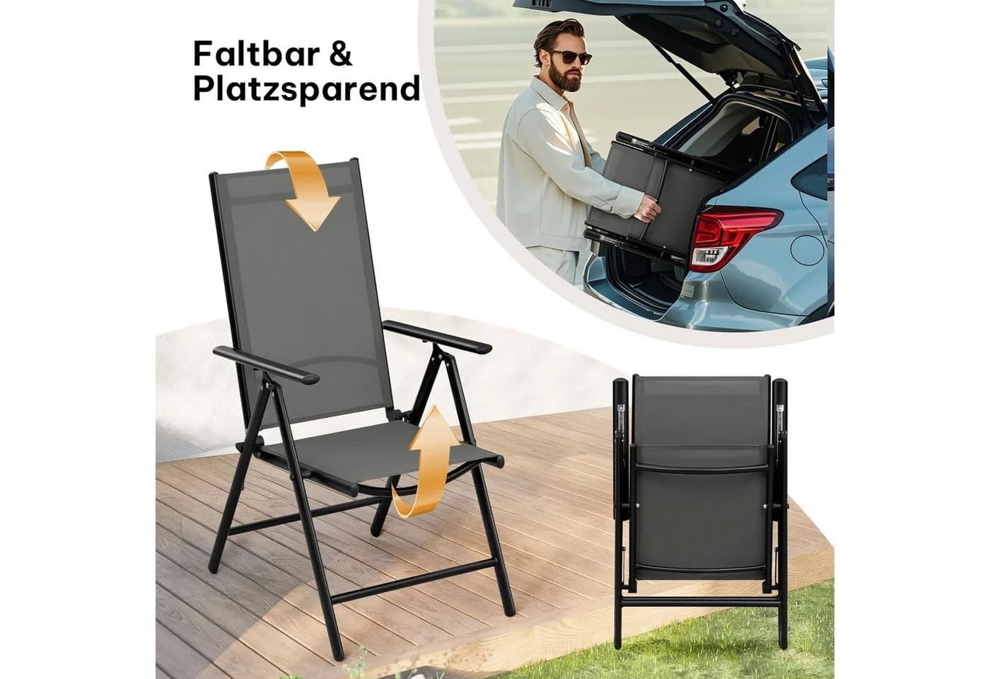 EUGAD Gartenstuhl 2er Set Klappbar 7-fach Verstellbar Grau - Bild 5