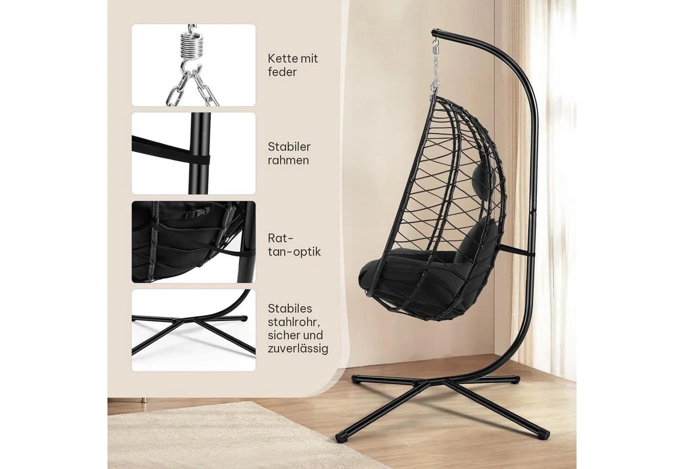 EUGAD Hängesessel mit Relaxfunktion Anthrazit PE-Rattan - Bild 3