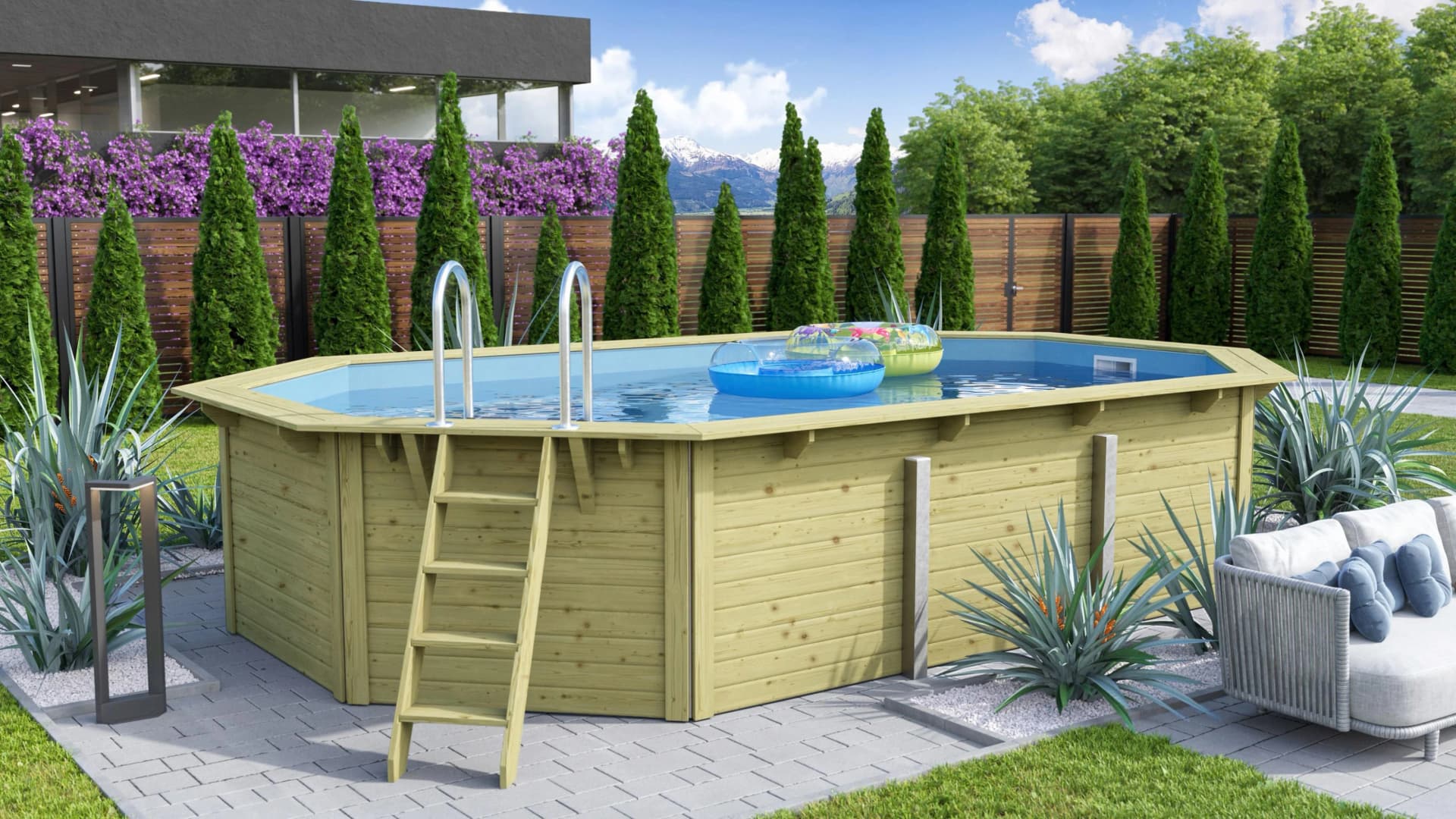 Achteckiges Schwimmbecken aus Holz, PVC und Edelstahl
