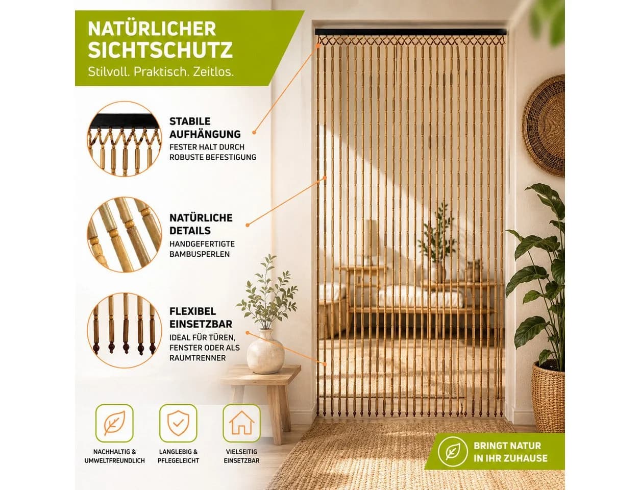 Kobolo Türvorhang Bambusvorhang BAMBOO Braun Natur Ösen Transparent - Bild 4