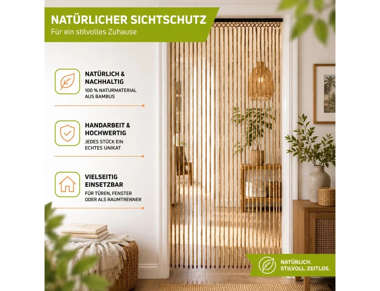 Kobolo Türvorhang Bambusvorhang BAMBOO Braun Natur Ösen Transparent - Bild 5