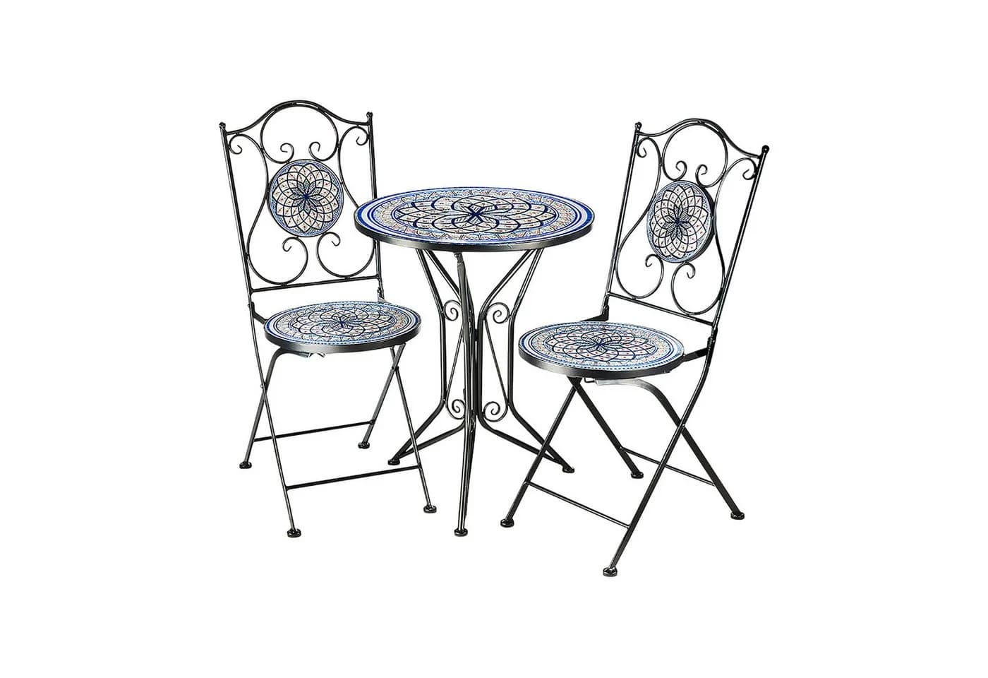 Kobolo Balkonset Sitzgruppe Gartenmöbel Tisch Stühle Metall Mosaik Blau Weiß - Bild 2