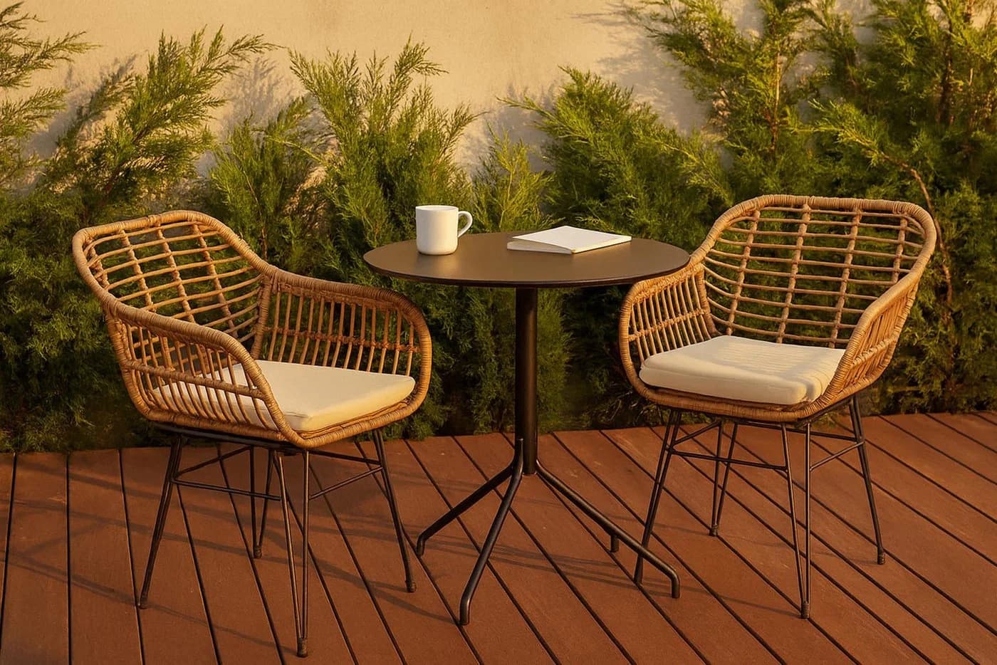 Kobolo Gartenstuhl 4-Fuß Retro Braunes Polyrattan mit Kissen