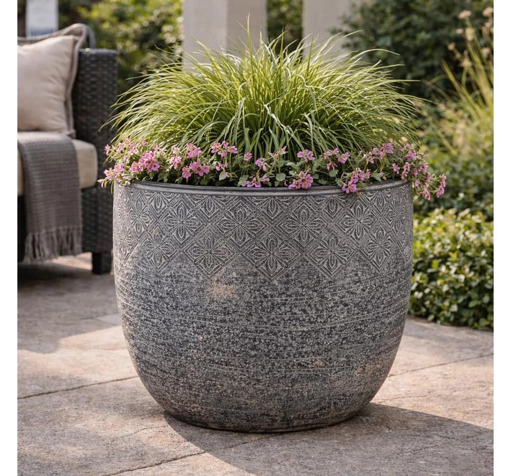 Kobolo Pflanztopf STONE groß grau Fiberglas mit Entwässerungsloch