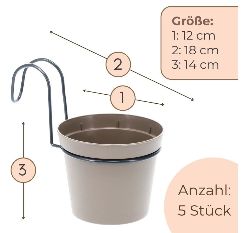 GarPet Hängender Blumentopf 5er Set Taupe Metall