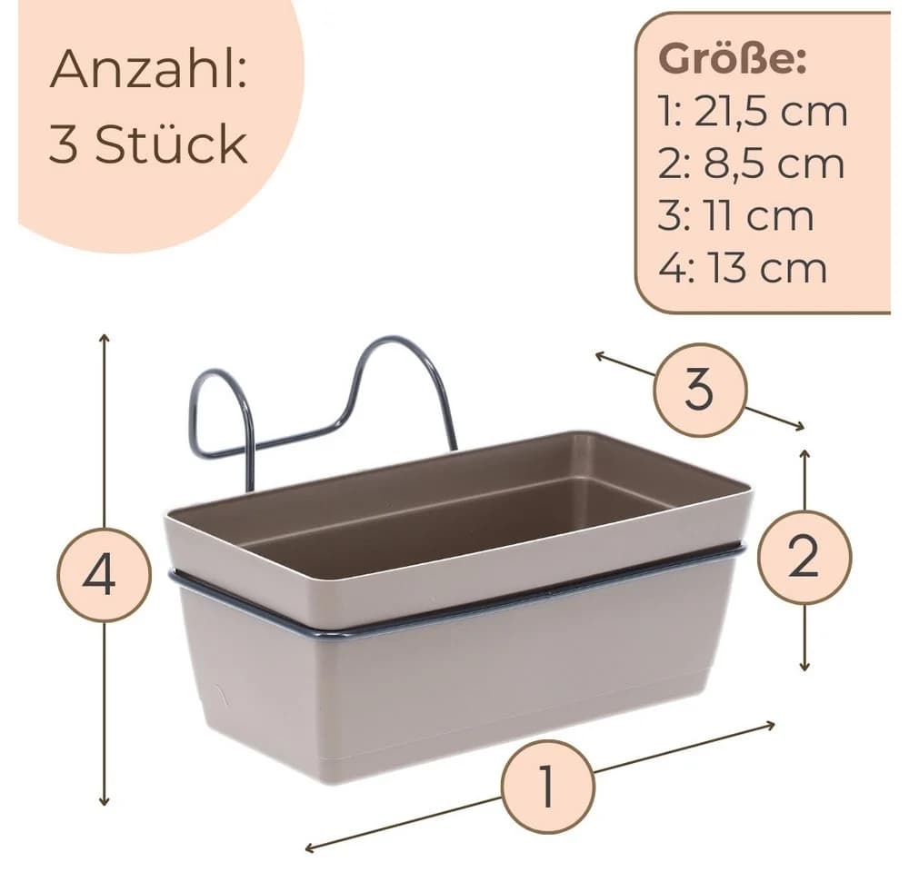 GarPet Blumenkasten 3er Set mit Halterung Taupe