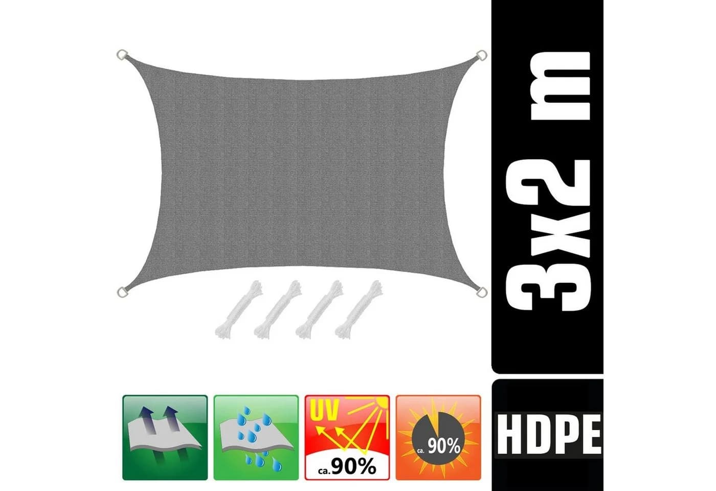 AMANKA Sonnensegel 3x2m HDPE Grau Rechteckig