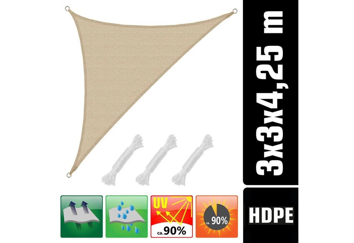 AMANKA UV Sonnensegel 3x3x4,2 HDPE Dreieck Rechtwinklig Sonnenschutz Garten Beige