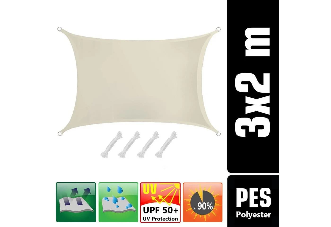 AMANKA Sonnensegel 3x2m Beige mit Befestigungssatz