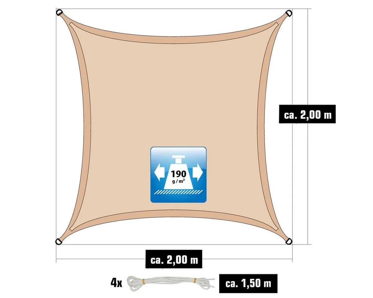 AMANKA Sonnensegel 2x2m mit Befestigungssatz Polyester - Bild 3