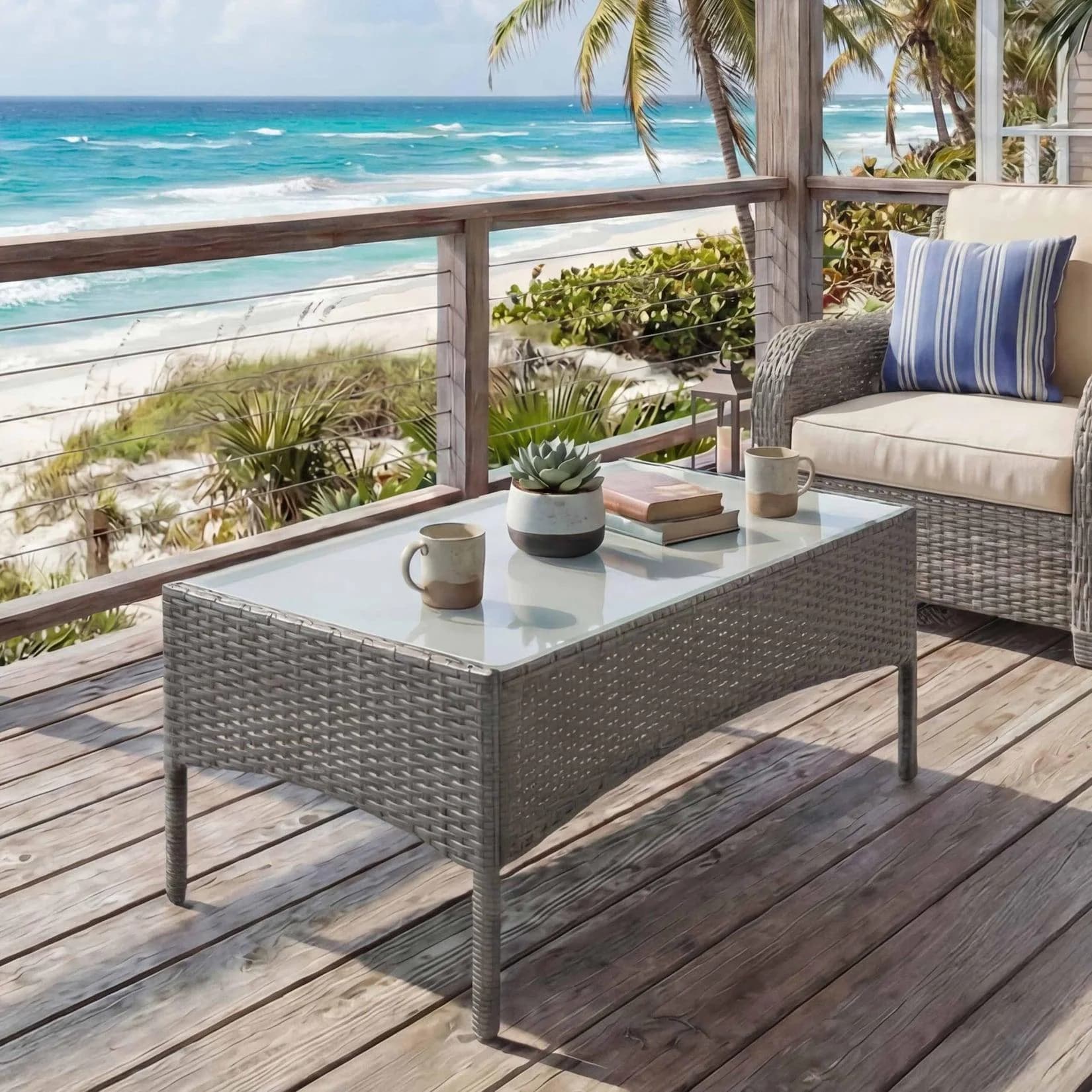MCW Gartentisch Hamar Grau Poly-Rattan mit Glasplatte