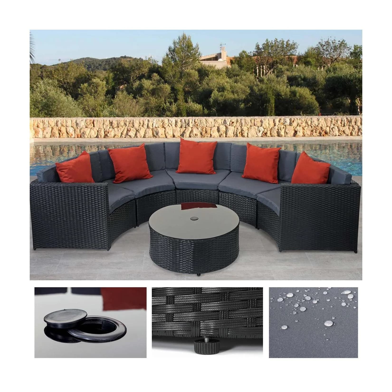 Poly-Rattan Garnitur rund MCW-E17 Garten-Set Sitzgruppe schwarz