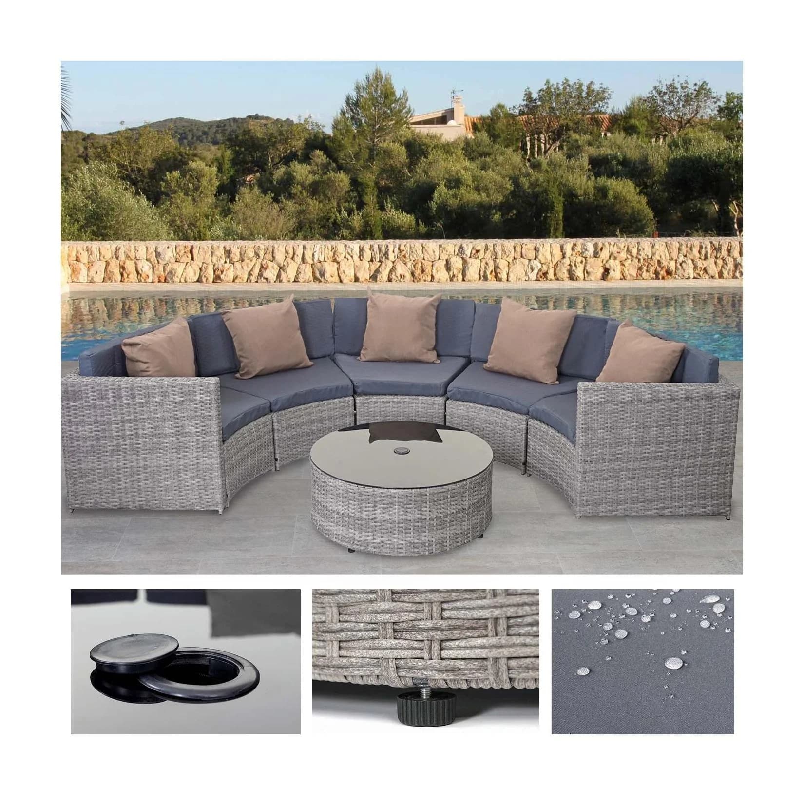 MCW Poly-Rattan Garnitur rund MCW-E17 Grau mit Polstern