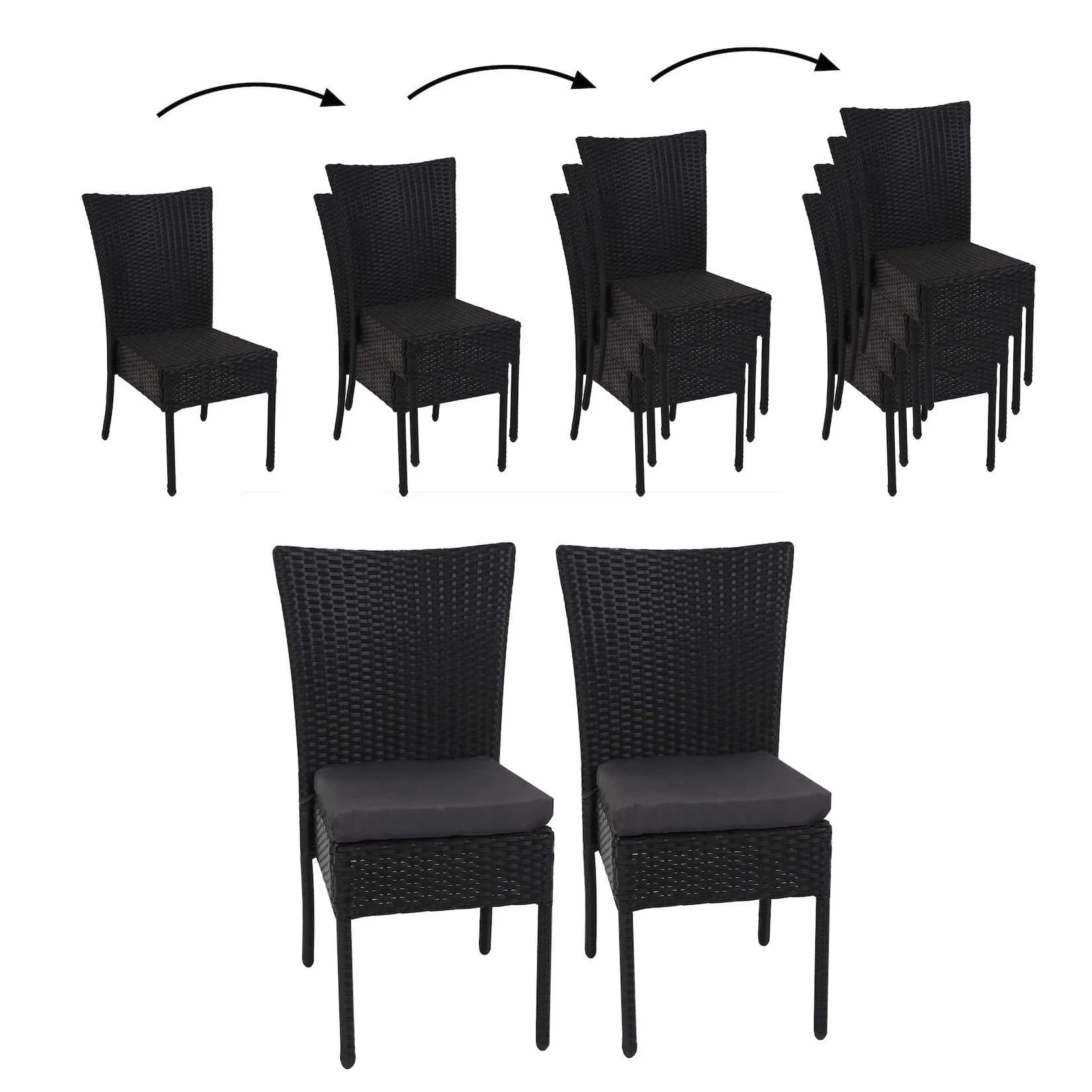 MCW 2er-Set Poly-Rattan Stuhl Stapelbar Schwarz mit Kissen