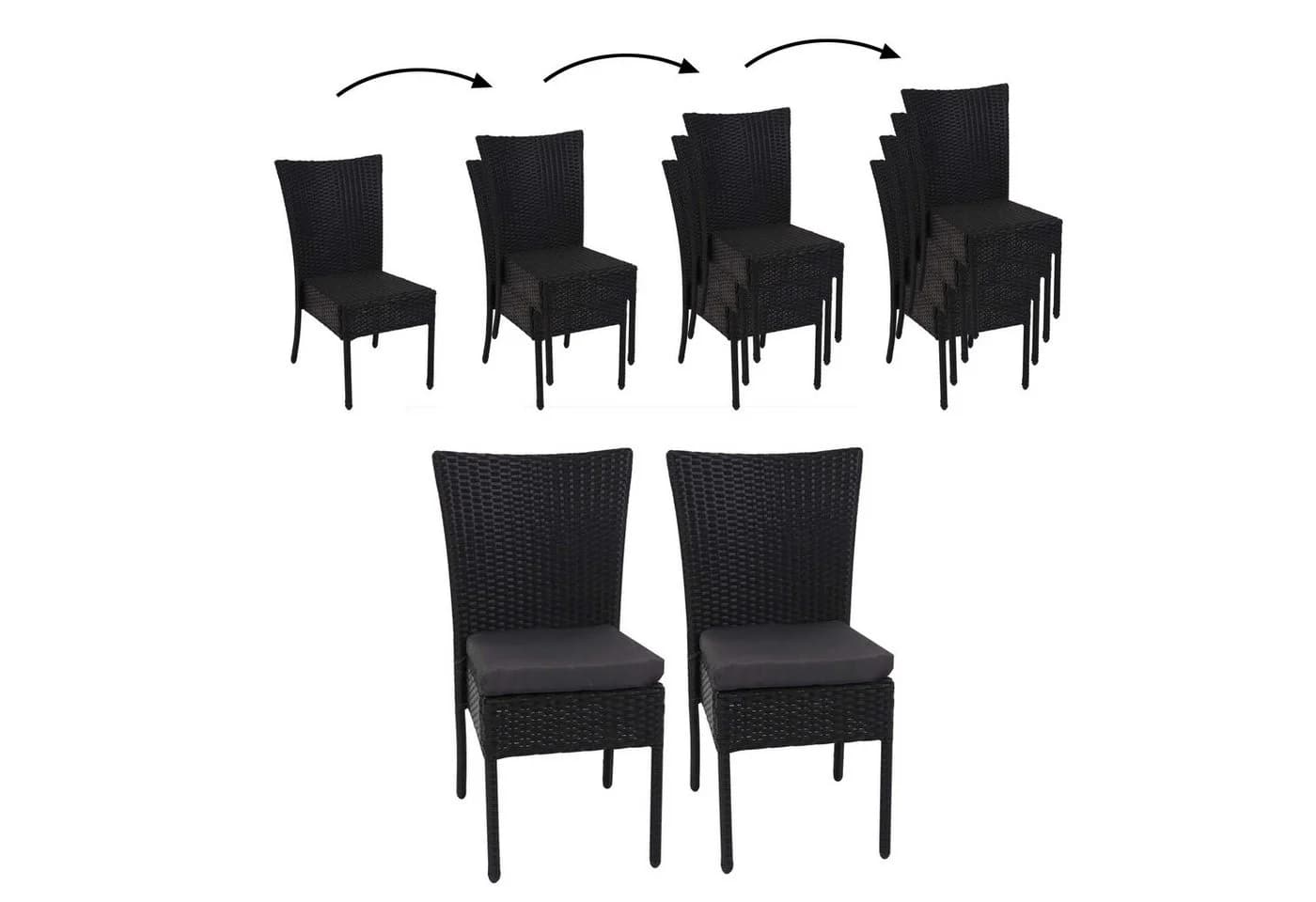 MCW 2er-Set Poly-Rattan Stuhl Stapelbar Schwarz mit Kissen - Bild 3