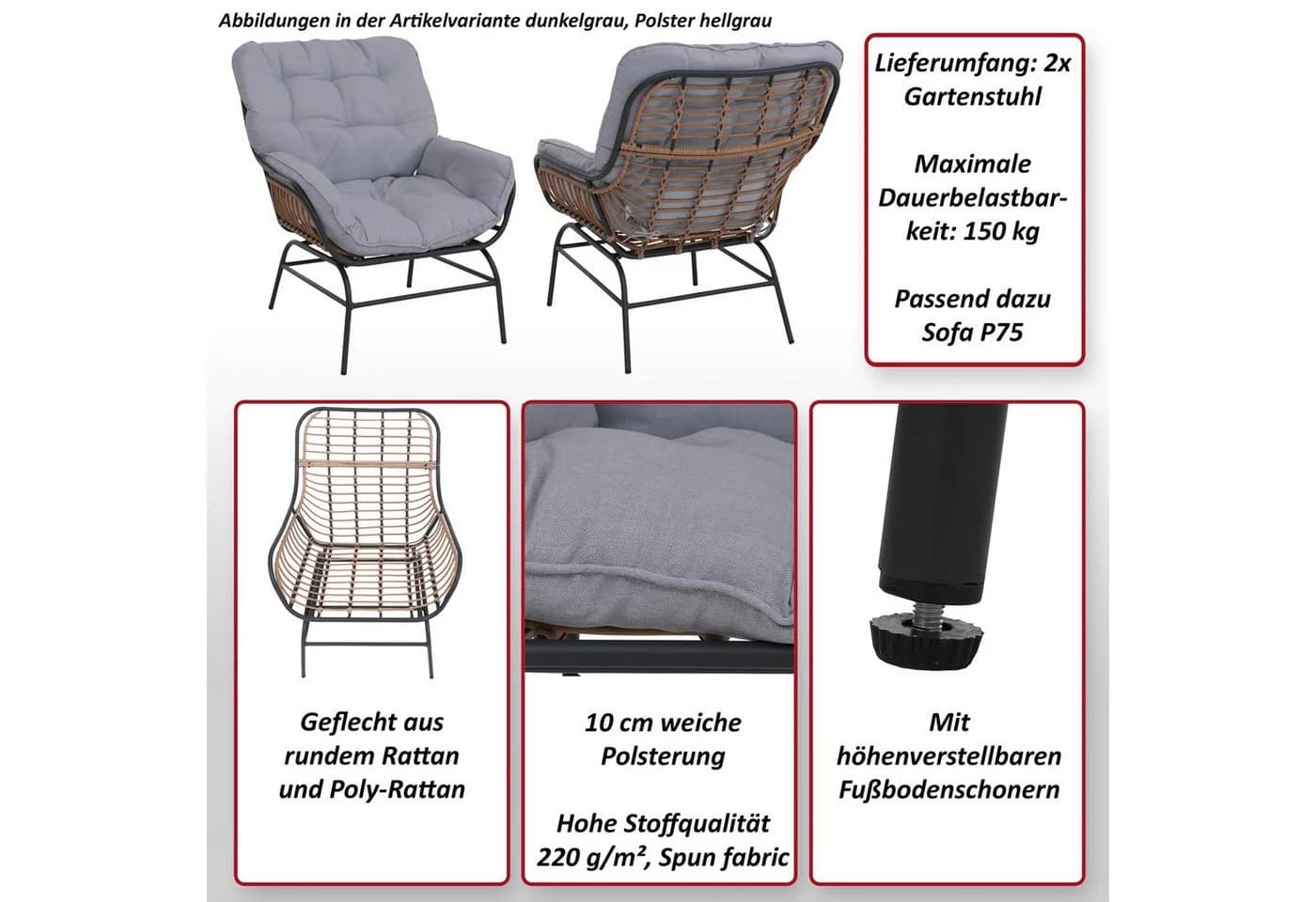 MCW-P75 2er-Set Gartenstuhl Poly Rattan Loungesessel Beige - Bild 5