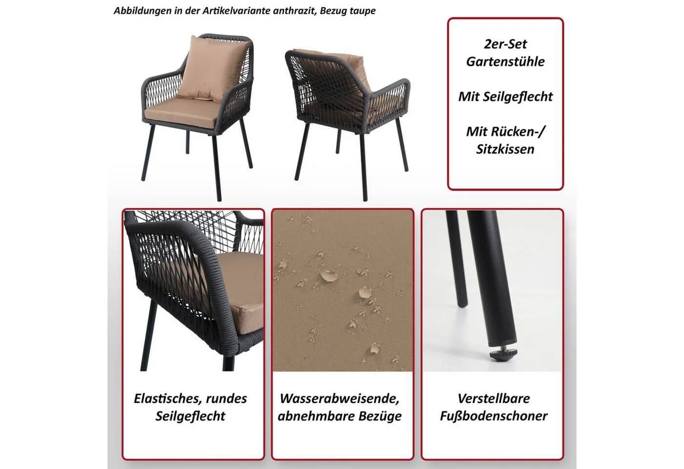 MCW Gartenstuhl 2er-Set MCW-O12 Aluminium Seilgeflecht Creme - Bild 5