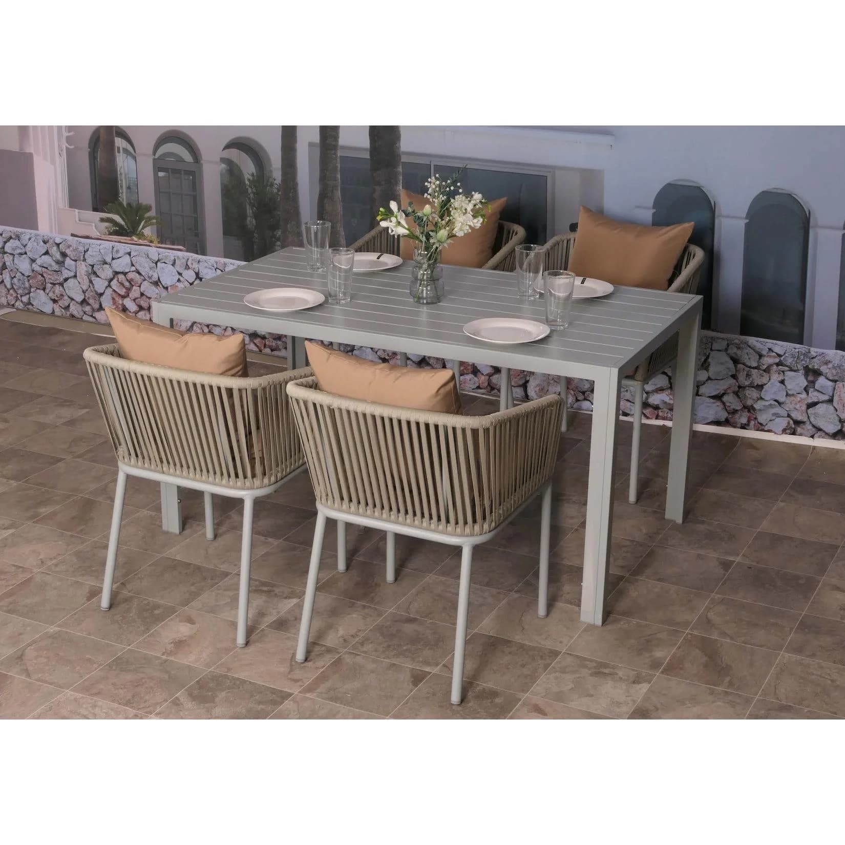 MCW Gartengarnitur 5-tlg. Grau/Beige Alu Seilgeflecht