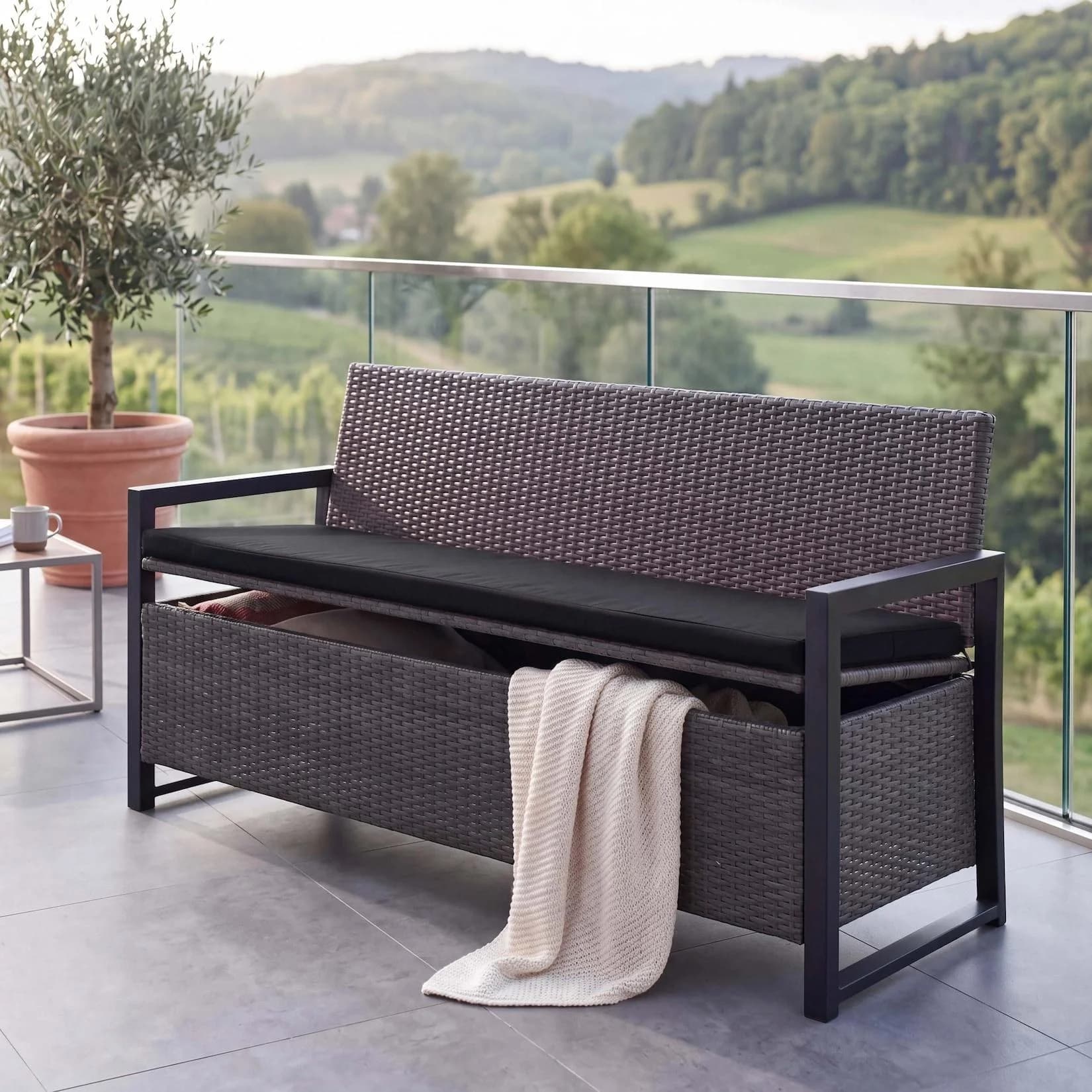 MCW Sitzbank mit Staufach Grau/Schwarz Poly-Rattan