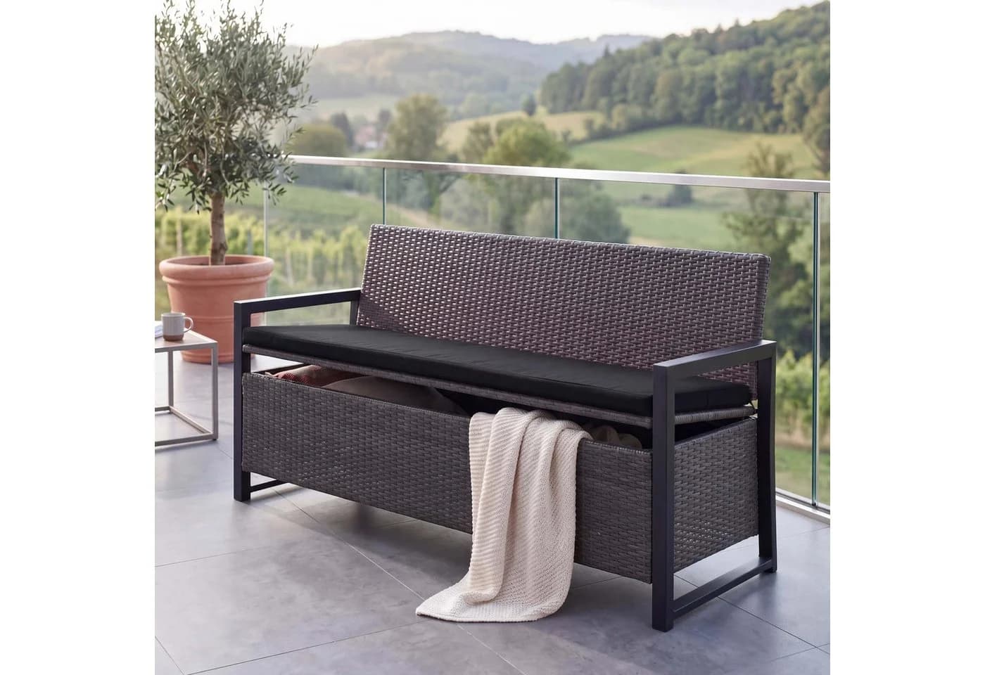 MCW Sitzbank mit Staufach Grau/Schwarz Poly-Rattan - Bild 3