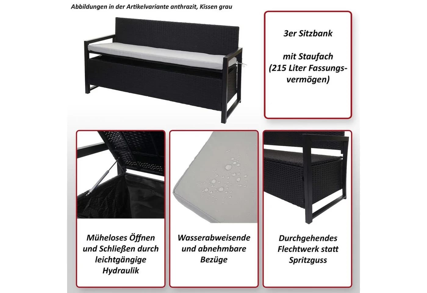 MCW Sitzbank mit Staufach Grau/Schwarz Poly-Rattan - Bild 5