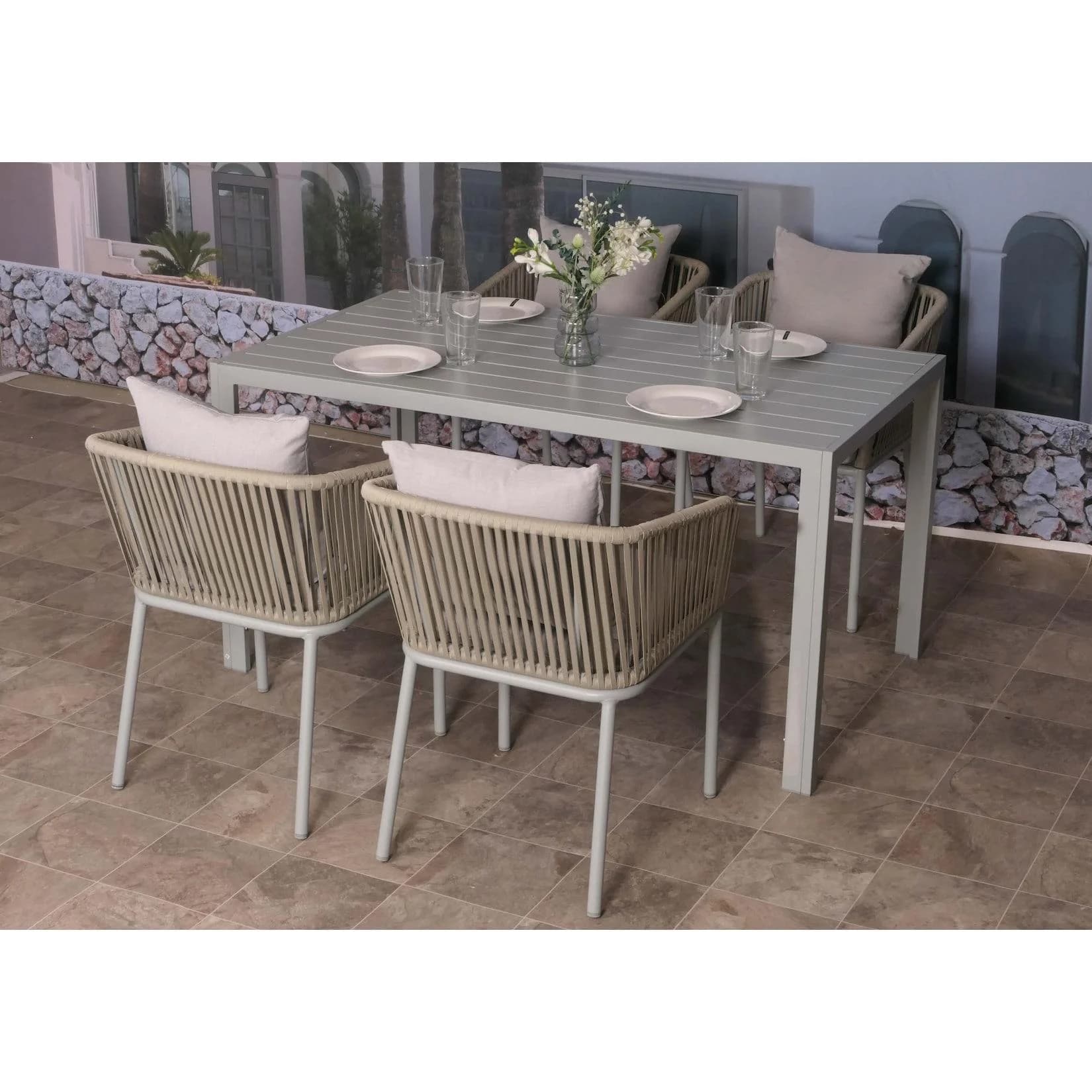 Gartengarnitur MCW-N41 Tisch+4xStuhl wetterfest Aluminium Seilgeflecht grau