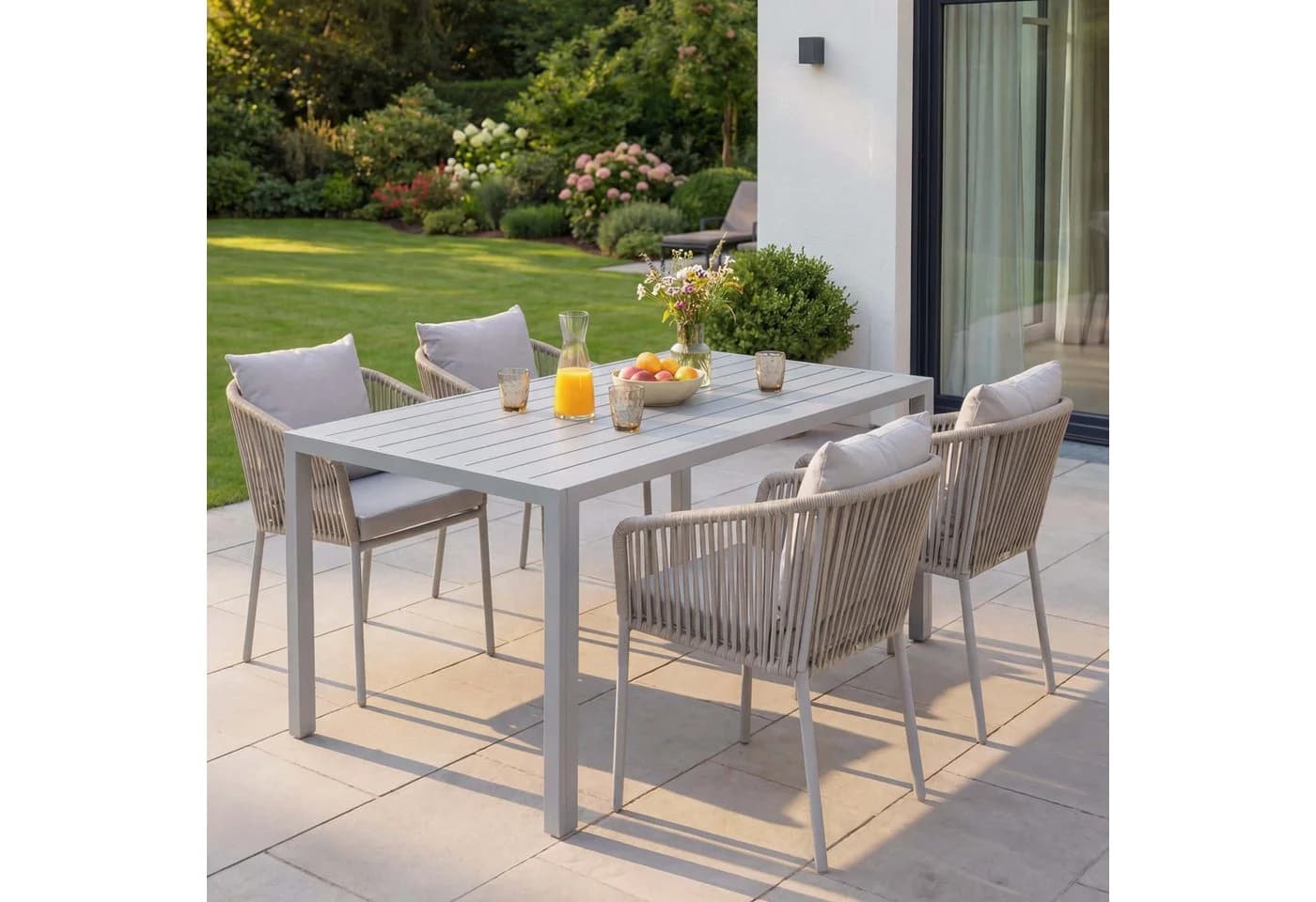 Gartengarnitur MCW-N41 Tisch+4xStuhl wetterfest Aluminium Seilgeflecht grau - Bild 3