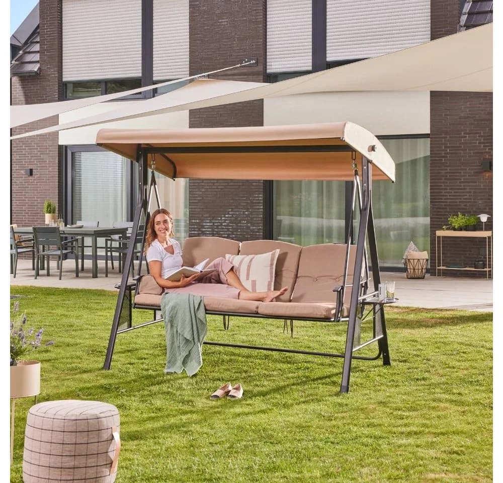 HOME DELUXE Hollywoodschaukel DESCANSO 3-Sitzer Beige mit Sonnendach