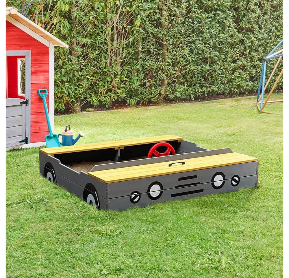 HOME DELUXE Sandkasten KIDDY Hellgrau Auto-Design mit Sitzmöglichkeit
