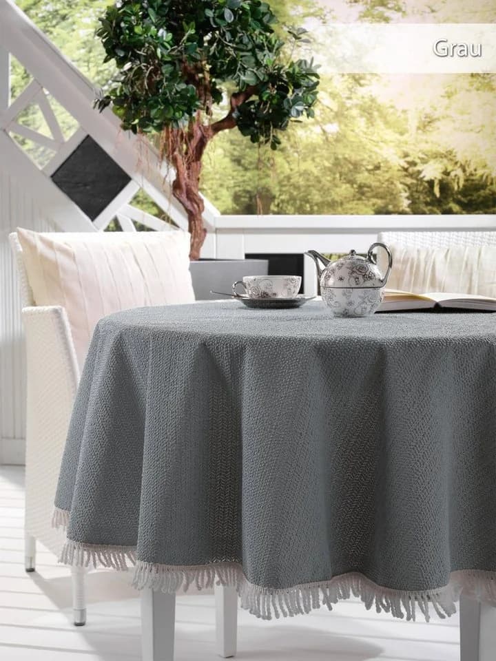 Beautex Wetterfeste Tischdecke Grau mit Weißer Franse