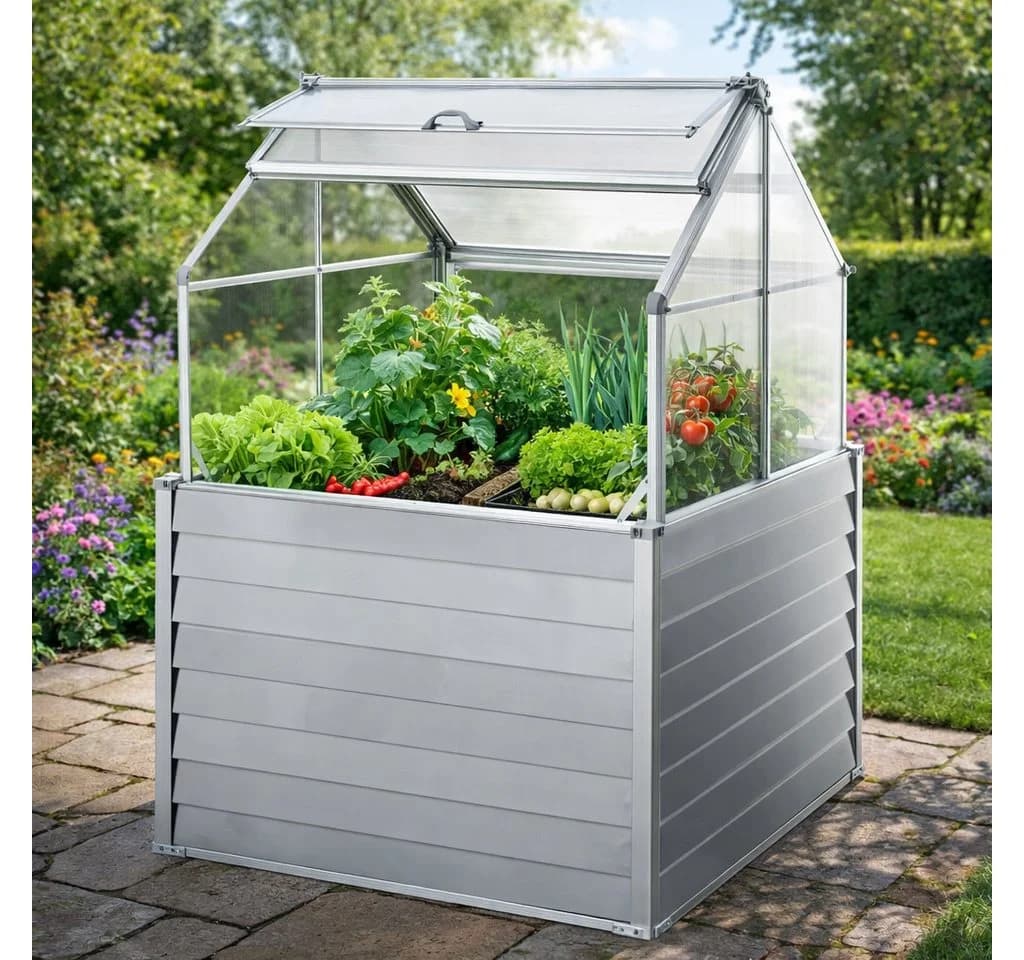 Powertec Garden Hochbeet mit Dach silber Metall Frühbeet
