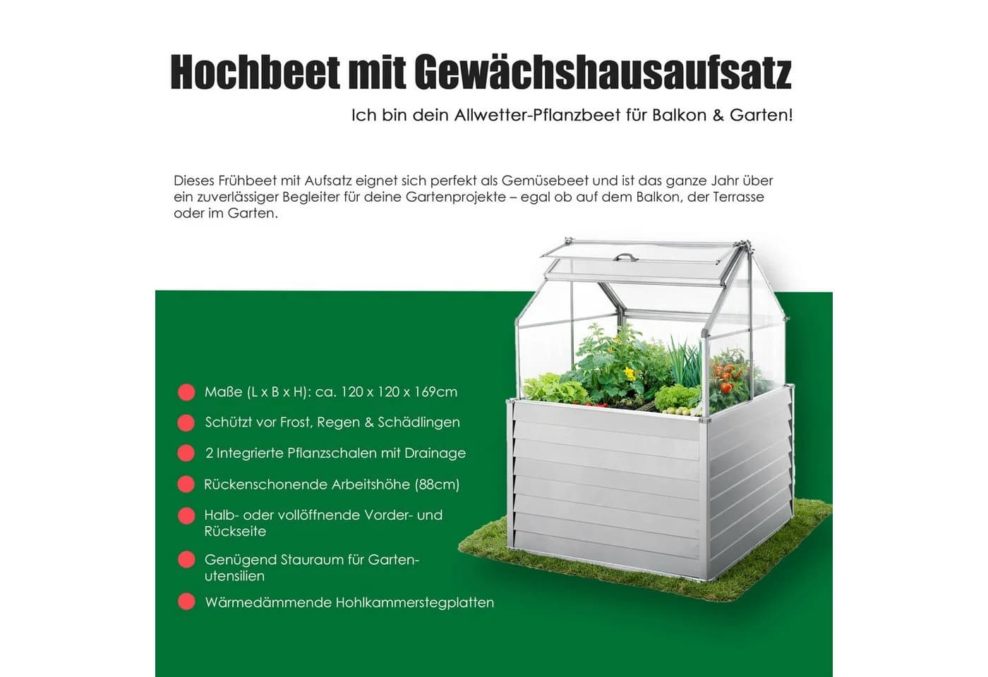 Powertec Garden Hochbeet mit Dach silber Metall Frühbeet - Bild 3