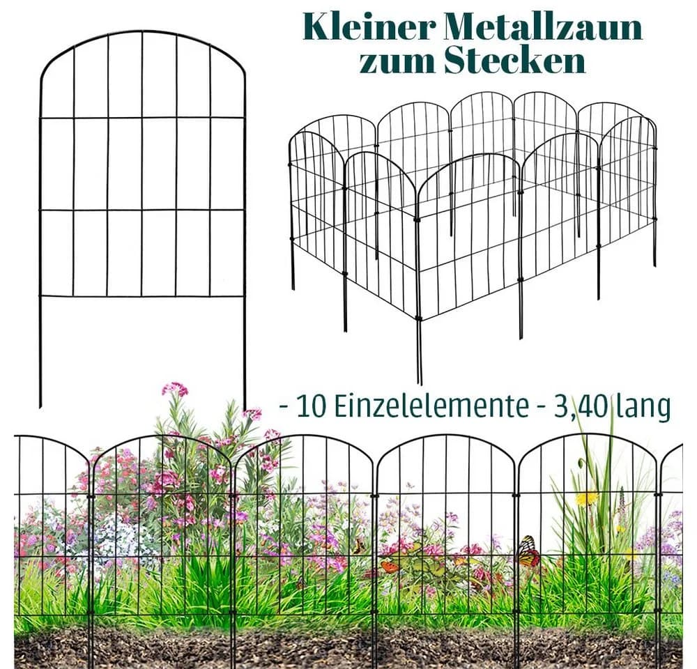 V2Aox Gartenzaun Steckzaun 10 Elemente 43cm Schwarz