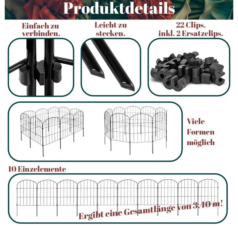 V2Aox Gartenzaun Steckzaun 10 Elemente 43cm Schwarz - Bild 4