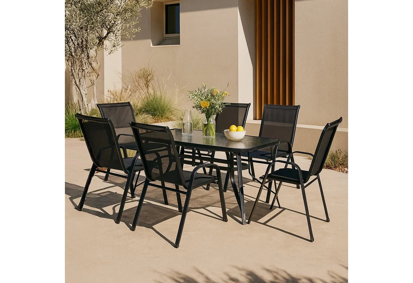casa.pro Garten-Essgruppe 7-tlg. Aradeo Schwarz mit Glasplatte