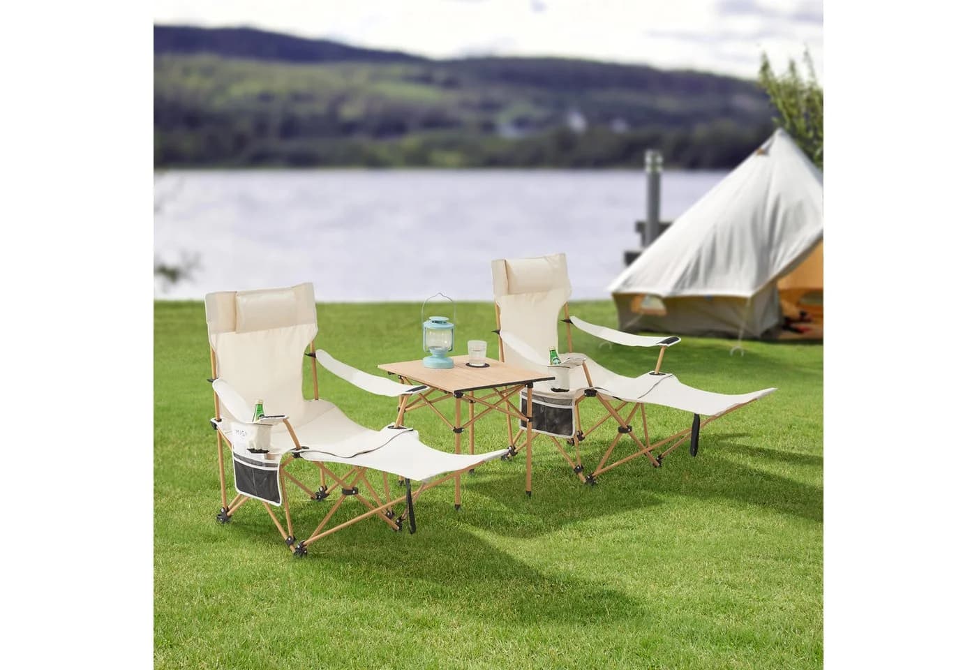 casa.pro Klappstuhl 3-tlg. Beige Textilgewebe mit Tisch