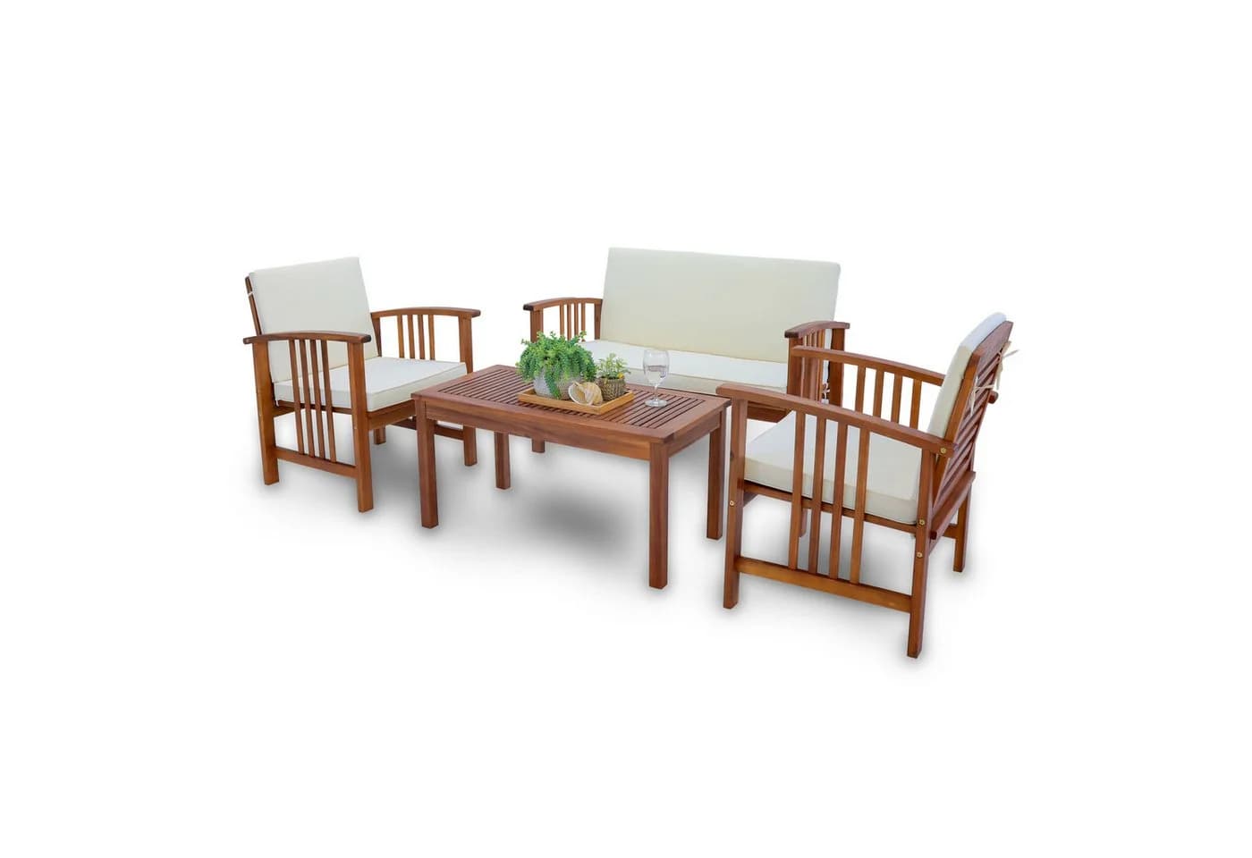 en.casa Gartenlounge-Set 4-tlg. Akazie Beige mit Kissen - Bild 2
