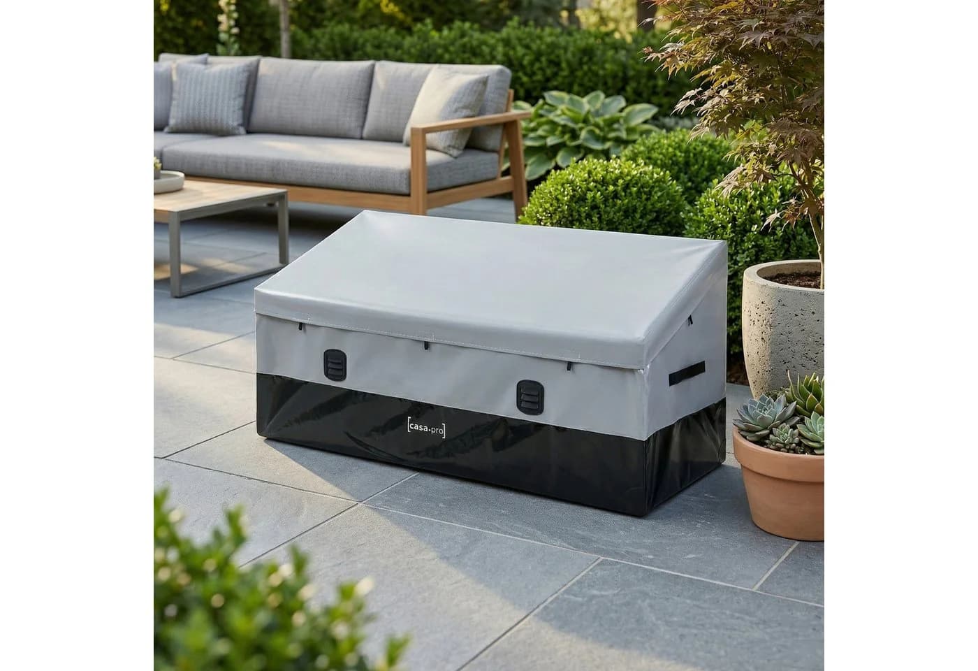 casa.pro Auflagenbox mit Plane Grau Schwarz Stahl
