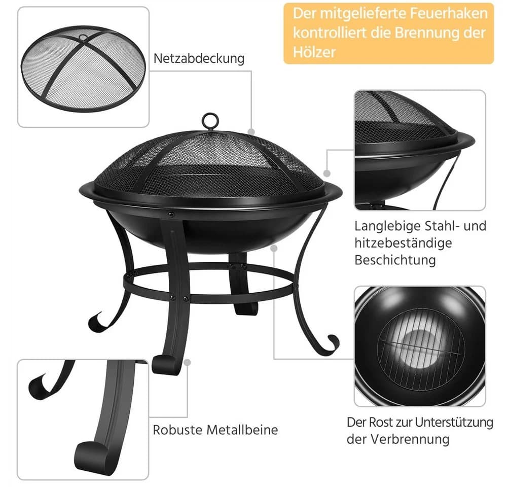 Yaheetech Feuerschale mit Funkenschutz & Schürhaken Mattschwarz - Bild 5