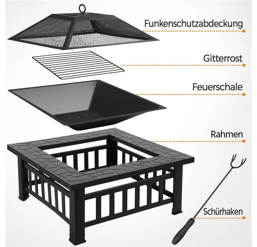 Yaheetech Feuerschale Schwarz Metall Quadratisch mit Deckel & Schürhaken - Bild 5