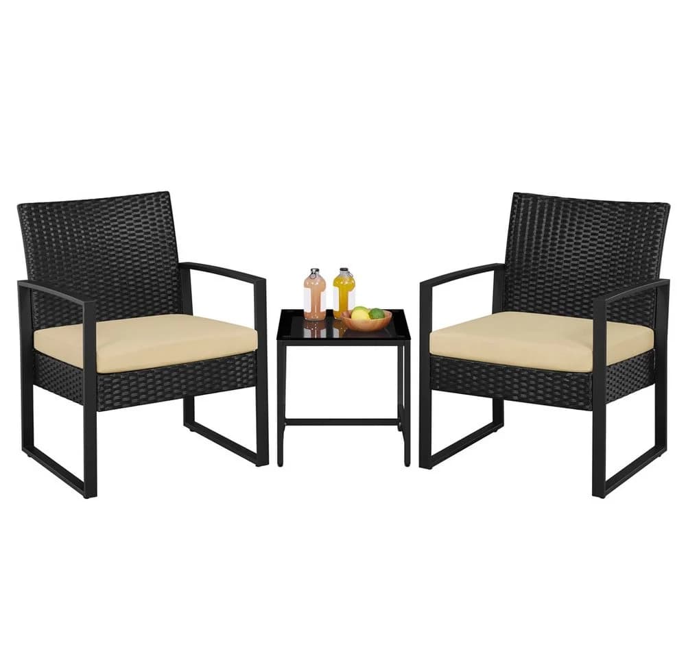 Yaheetech Balkonset 3-teilig Schwarz/Khaki Rattan-Optik mit Glasplatte - Bild 2